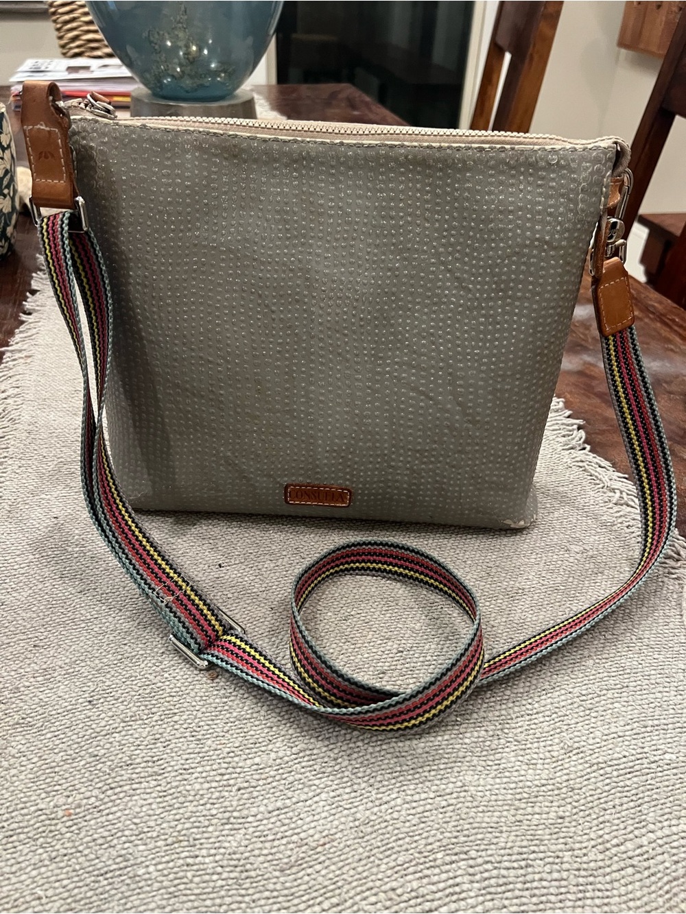 Consuela Gray Crossbody Bag with Multicolor Strap